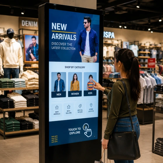 a customer in a shopping mall using interactive led digital standee installed by Sign Boards Maker