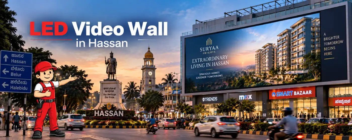 An advertisement of a luxury apartment displaying on a led video wall in hassan installed by sign boards maker