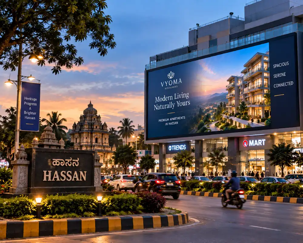 an apartment advertisement on a led video wall in hassan installed by sign boards maker