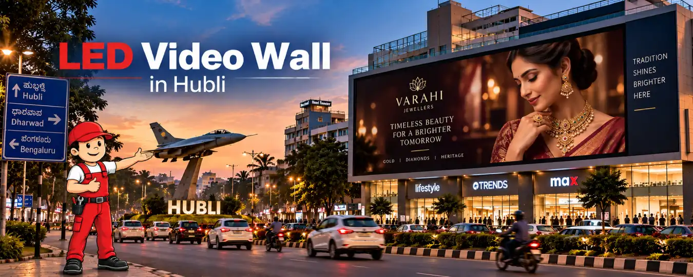 jewellery ad showing on a outdoor led video wall in hubli installed by sign boards maker